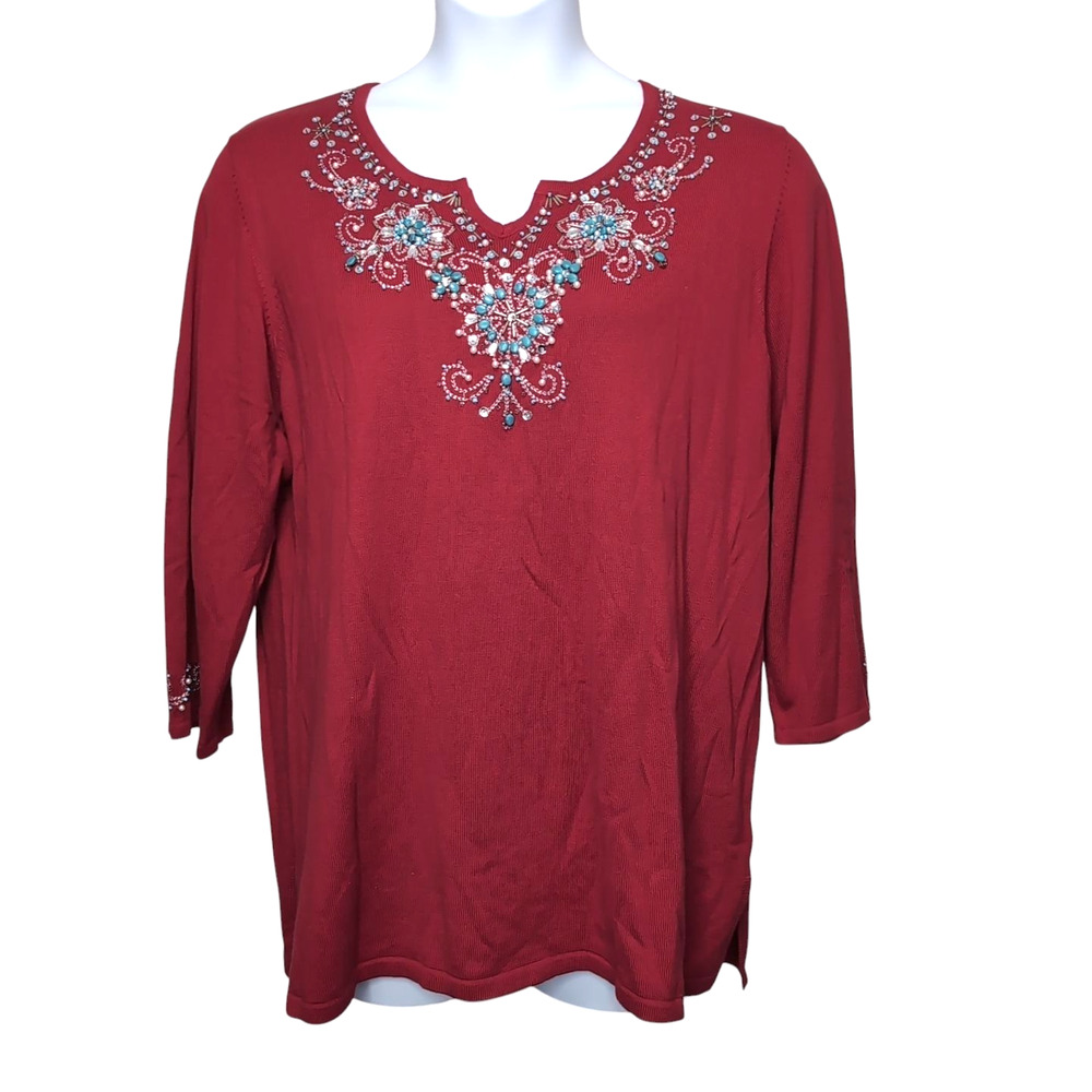 Quacker‎ Factory Southwestern Beaded Sweater Womens Size XL Red Cotton Blend
